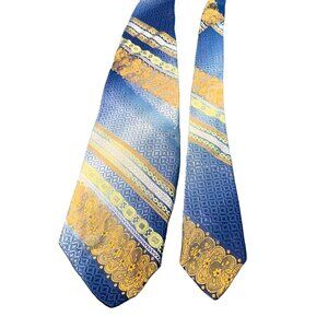 Wembley Mens Blue and Gold Patterned Silk Tie Vintage Necktie
